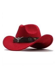 1pc Pure Black Faux Wool Western Cowboy Hat With Dark Brown Leather Hat Band, Decorated With Silver Bull Head Badge And Vintage Metal Round Buckle, Black And Brown Contrast Cool Style, Shapeable Wide Brim, Outdoor Travel Photography Western Style Versatile Sun Protection Hat, Unisex - Top Hat - View 16