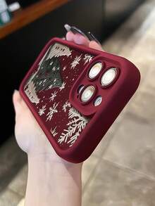 1pc Christmas Phone Case With 3D Embroidered Christmas Tree And Snowflake Pattern, Burgundy Leather Frame Shockproof Soft TPU Protective Cover, Compatible With GALAXY, HONOR, Phones - Burgundy - View 4