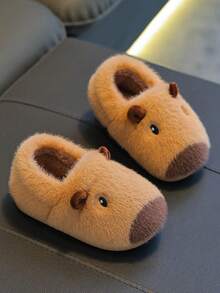 1 Pair Capybara Kids Plush Slippers, Boys Winter Cartoon Home Non-Slip Slippers, Girls Toddler Big Kids Slippers - Khaki - View 9