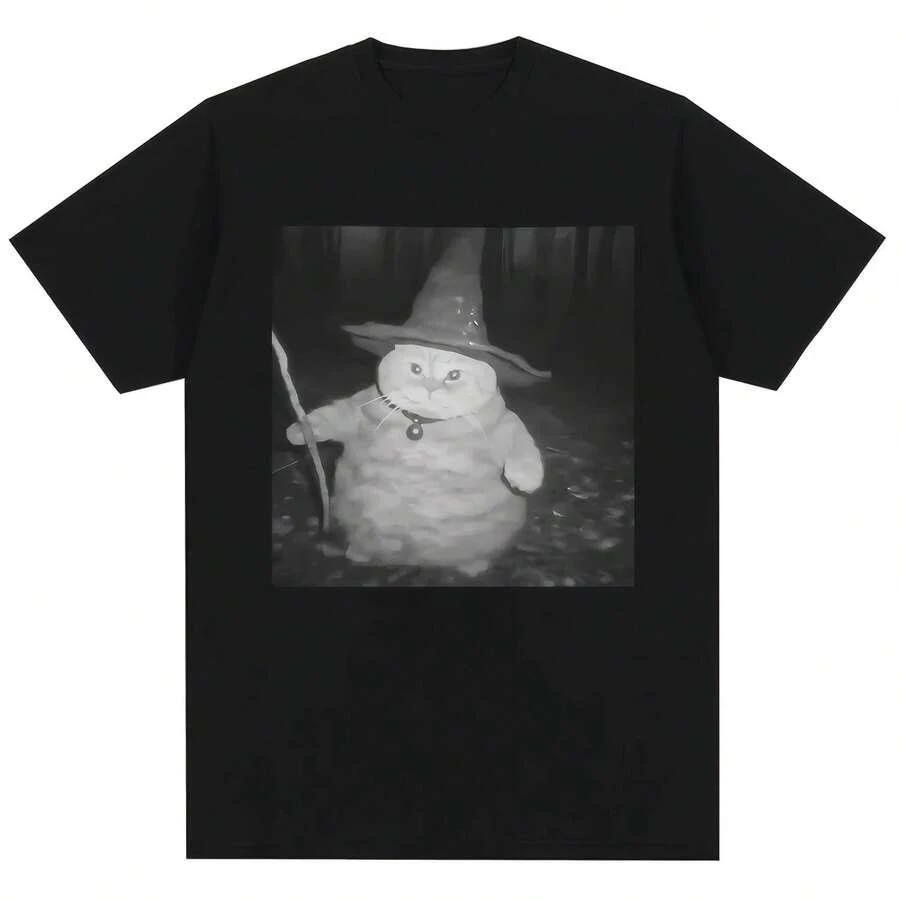 Vintage Short-Sleeve T-Shirt For Women With Fat Wizard Cat Design, Fun And Versatile, With Meme Graphic, Fashion Novelty - 款式 - 查看 1