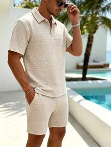 2pcs Men's Turn-Down Collar Button-Up Short Sleeve Top + Elastic Waist Shorts Pajama Loungewear Set - Apricot - View 2