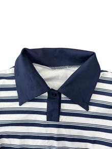 女款休閒時尚撞色 Polo 領半扣條紋修身短版長袖 T-shirt，春/秋新款 - 藍白色 - 查看 6