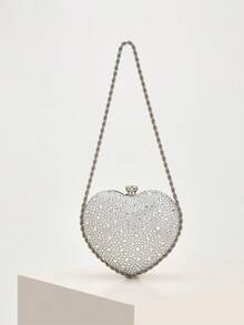 Noctella Tas Clutch Wanita Bentuk Hati Perak dengan Hiasan Berlian Imitasi, Tas Malam Kristal Berkilau dengan Tali Rantai, Tas Tangan Pesta Elegan untuk Pernikahan, Prom, Koktail - Perak - View 2
