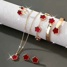 6Pcs Classic Lucky Flower Women's Necklace Pendant + Earrings + Ring + Bracelet + Bangle Set, Minimalist Elegant Design, Birthday Wedding New Year Valentine's Day Celebration Festival Fashion Women's Jewelry Set, Five-Leaf Clover Five-Petal Design, 6-Piece Set - Multicolor - View 5