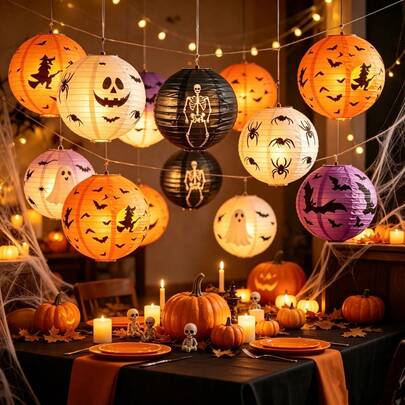 5 piezas Decoraciones de linternas de calabaza de Halloween, adornos colgantes de calabaza de plástico, linternas de papel, decoración de fiesta interior/exterior