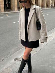 Jaket Pendek Wanita Longgar dengan Kerah Oversized, Detail Manset Kancing Tunggal, Jaket Pendek Kasual untuk Sehari-hari di Jalanan, Cocok untuk Musim Gugur. - Aprikot - View 8