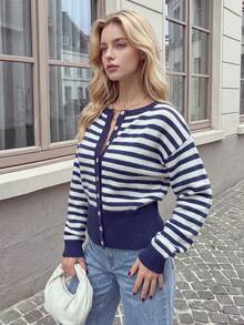 Women's Soft Knit Striped Faux Wrap Cardigan Style Sweater, Round Neck Faux Button Detail Ribbed Hem Short Knit Top - Navy Blue - View 8