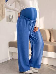 Maternity Blue Wide Leg Pants, Loose Fit, High Waist With Belly Support And Drawstring Waist, Casual Daily Wear And Home Loungewear - Blue - View 5