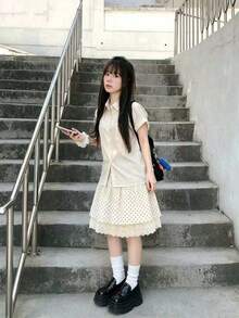 韓式復古波點蕾絲飾邊拼接迷你裙（隨機波點） - 杏色 - 查看 3