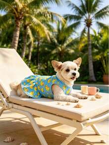 1pc Breathable Little Yellow Duck Print Pet Dog Tank Top Slip-On Dress, Elastic Ruffle Hem Small Dog Maltese Summer Beach Dress, Summer Breathable Sleeveless Casual Cute Sport Vacation Dress - Baby Blue - View 13