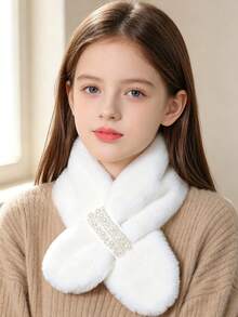 Faux Rabbit Fur Pearl Cross Plush Scarf Neck Warmer - Warm Girls Neck Warmer Pearl Cross Plush Scarf Girls Faux Fur Neck Warmer Autumn/Winter Thickened Warm Versatile Faux Rabbit Fur Scarf - Multicolor - View 3