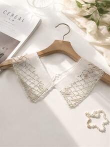 1pc Women's White Sheer Mesh Detachable Collar, Pearl Beaded Geometric Embroidery, Wavy Edge, Suitable For Dresses And Shirts - White - View 4
