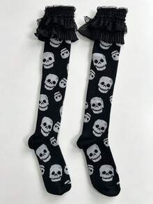 1/2 Pairs Punk Dark Lolita Skull Lace Trim Mid-Calf Socks Y2K Sweet Cool Hot Girl Slimming Slouch Socks Back To School - Multicolor - View 11