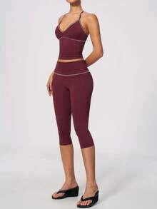 NcmRyu Women's One Set Contrast Color White Line Spaghetti Strap V-Neck Y-Back Tank Top And Hip-Lifting Mid-Length Shorts Sports Set - Red - View 7