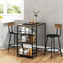 Bar Table With Bar Stools Set, 3-Piece Bar Table Set With Kitchen Table, 3 Shelves, 2 Bar Stools, Modern Style, Dining Set For Dining Room, Kitchen, Steel, Oak - Camel - View 2