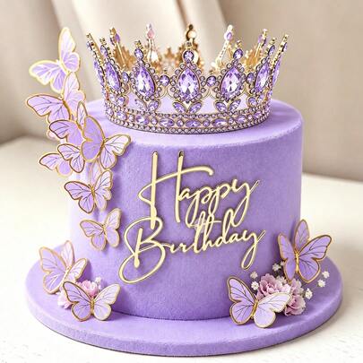 57pcs/Set Purple Rhinestone Crown Cake Topper Set, Gold Butterfly Decor, Happy Birthday Acrylic Cake Topper, Princess Birthday Party Cake Decoration Supplies