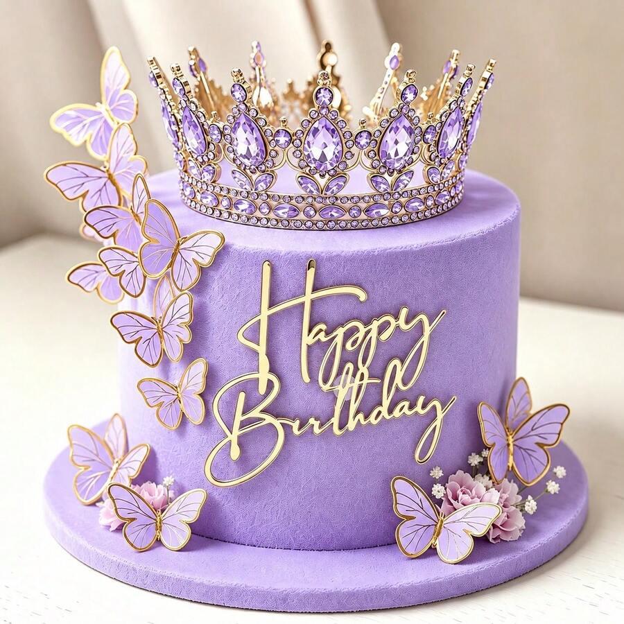 57pcs Purple Rhinestone Crown Cake Topper Set, Gold Butterfly Decor, Happy Birthday Acrylic Cake Topper, Princess Birthday Party Cake Decoration Supplies - Multicolor - View 1