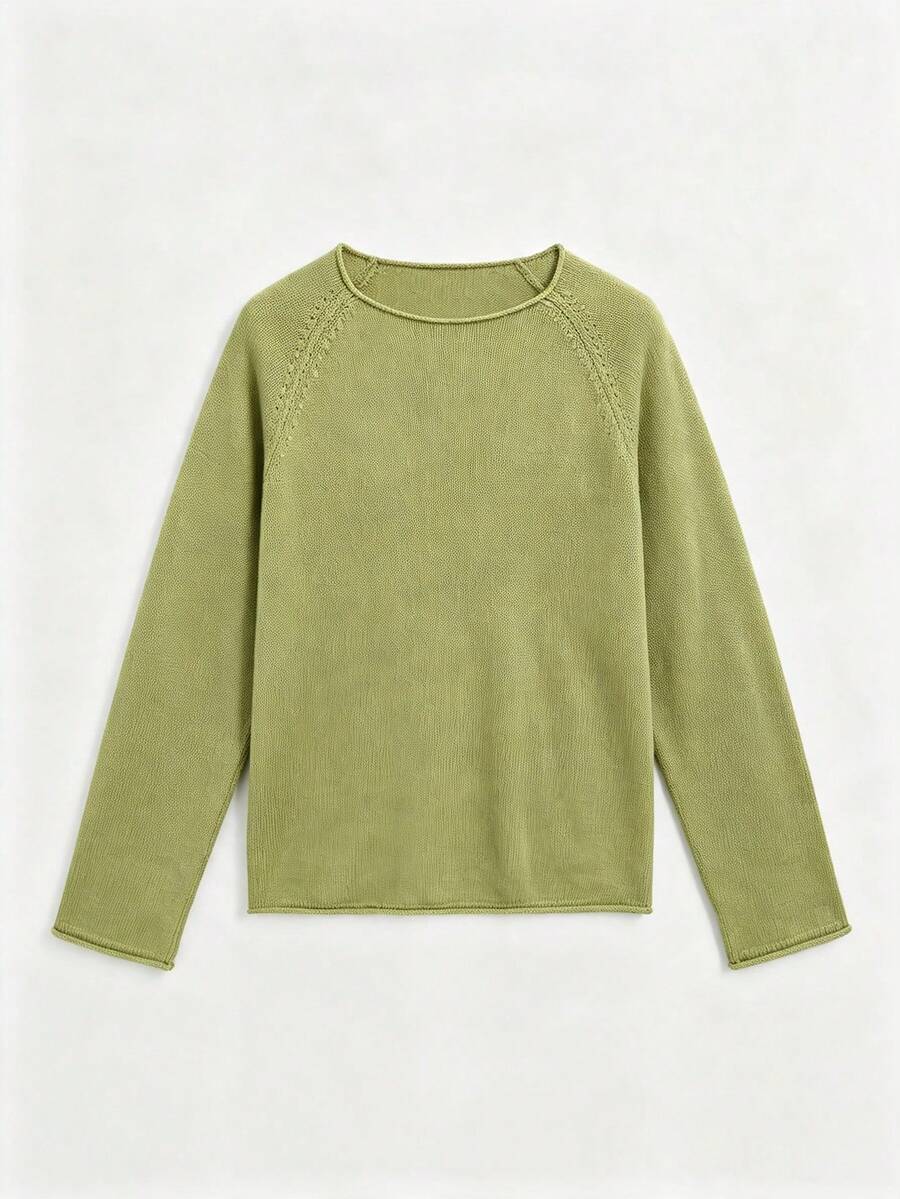 Women's Autumn/Winter Knit Long Sleeve Regular Fit Pullover Sweater, Ribbed Knit Detail, Suitable For Home, Daily, Commuting, Back To School - Olive Green - View 1