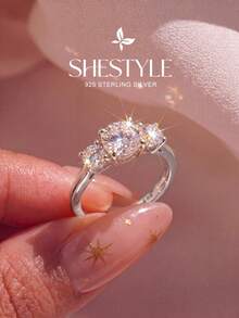 1pc 925 Sterling Silver Flower Rhinestone Ring, Exquisite Jewelry Gift For Women, Suitable For Dating - Three Diamonds - View 3