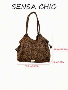 Bolso Tote de Lona de Algodón Grueso Cepillado con Estampado Integral de Leopardo Marrón Vintage, Decoración de Etiqueta de Tela con Nudo y Cordón Lateral, Gran Capacidad, Boca Abierta, Estilo Retro Americano Hot Girl, Bolso de Hombro, Bolso de Mano, Bolso de Axila, Correa Larga, Adecuado para Escuela, Desplazamientos, Viajes Cortos, Atuendo de Otoño/Invierno, Bolso Dumpling con Estampado de Leopardo de Vibra Relajada - Marrón - Ver 2