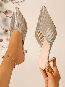 Women's Mesh Rhinestone Pointed Toe High Heel Closed Toe Sandals, Glitter Striped Hollow Out Kitten Heel Slip-On Party Stiletto Slippers - Gold - View 9