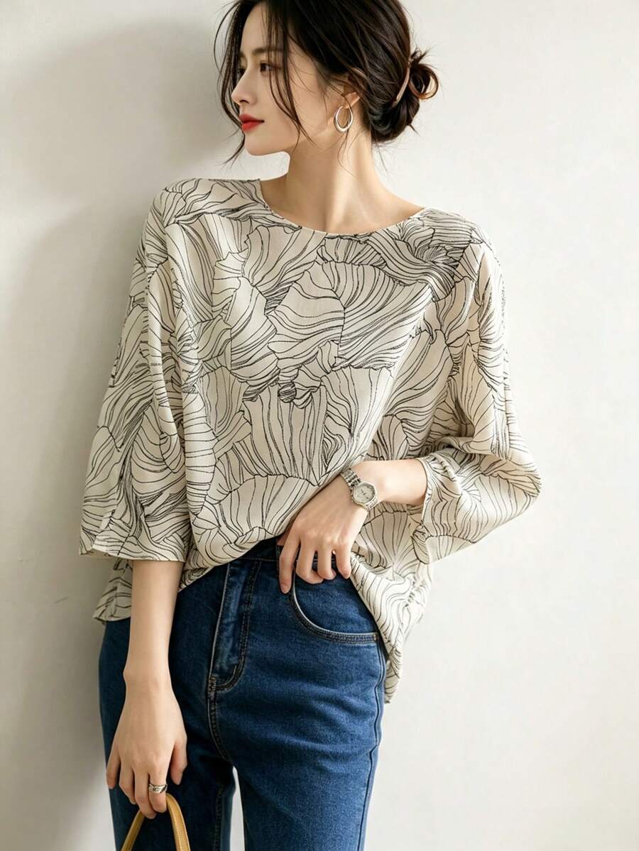 YUXIN Women Summer Loose Abstract Print Thin 3/4 Sleeve T-Shirt, Minimalist Pullover Casual Top Spring