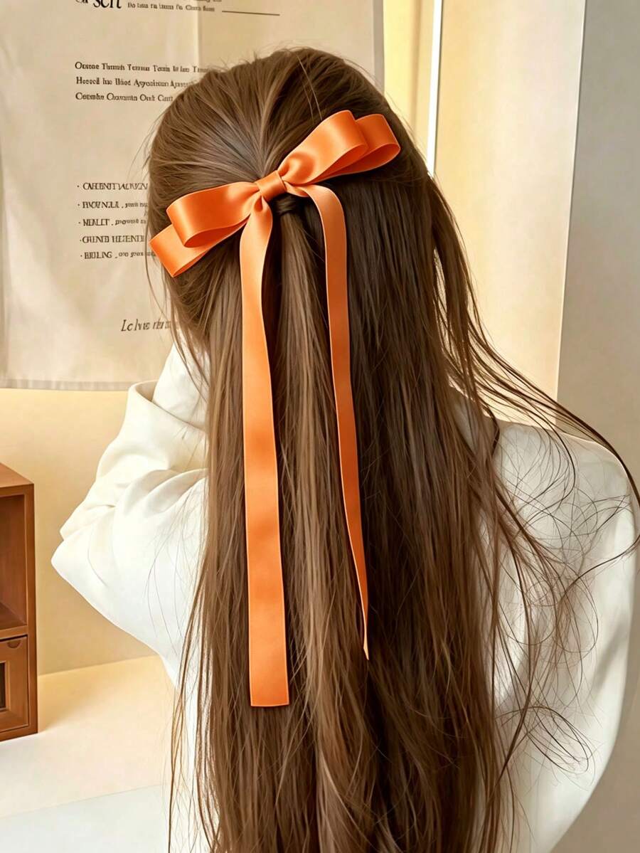 1件裝橘色緞面蝴蝶結髮夾，女款長緞帶蝴蝶結髮夾，適合日常配戴、婚禮派對復古髮飾