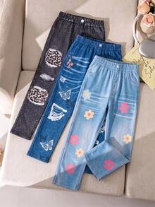 3pcs/Set Young Girls Butterfly Print Slim Fit Pants - Black - View 3