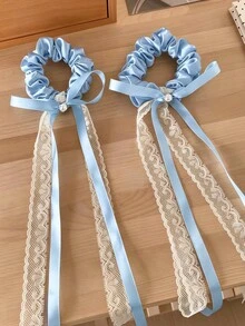 4/2pcs Rhinestone Lace Satin Ribbon Scrunchies, High Elasticity Non-Damaging Hair Accessories, Sweet And Cute Hair Ties - Suitable For Girls And Women, Daily, Vacation, School, Dating - Multicolor - View 3