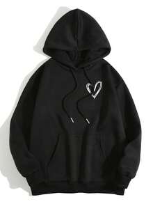 Heart-Printed Warm Hooded Sweatshirt,Suitable For Graduation Season,Clothing For Teacher's Day And Back-To-School Season,Suitable For Long-Slee - 黑色 - 查看 9