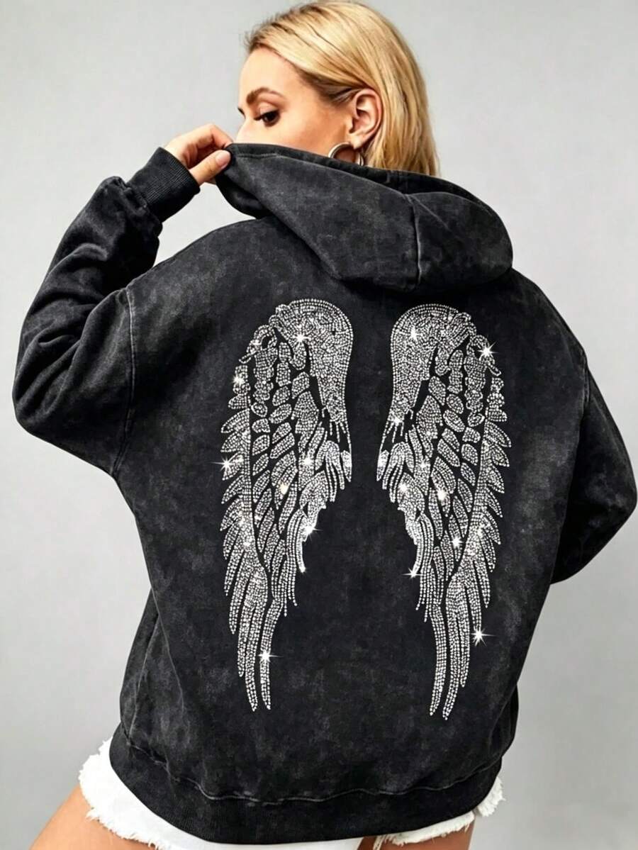 Women's Oversized Angel Wings Print Hoodie - Black Y2K Back Graphic Pullover, Fall Winter Streetwear , Comfy Oversized Silhouette2026 - 黑色水洗1 - 查看 1