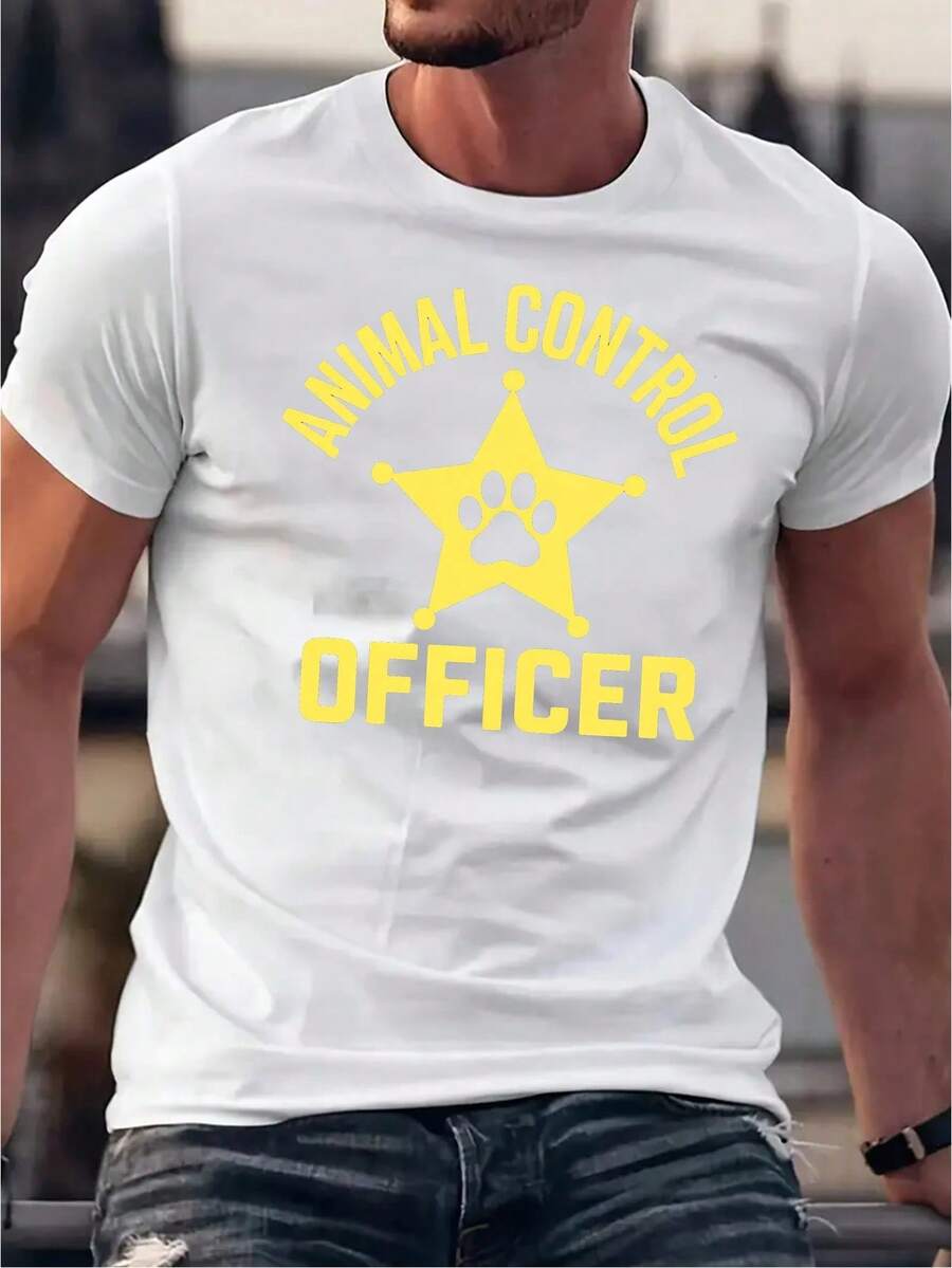 Men's T-Shirt With Animal Control Officer Print - Black Base, Eye-Catching Yellow Print - Breathable Cotton Blend T-Shirt - 白色 - 查看 1