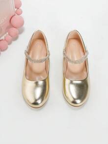 Girls 30-37 Size Rhinestone Strap Slip-On Chunky Heel Pumps, Commuter Fashion Elegant Versatile Party Banquet Style Solid Color Princess Shoes - Gold - View 8