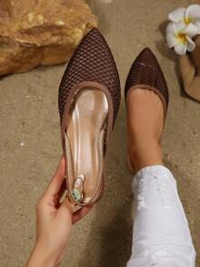 Lightweight Mesh Mule Shoes, Pointed Toe With Back Strap, Lace Mesh With Rhinestones, Elastic Band Design, Casual Loafers, Elegant Minimalist Commuter Hollow Flat Shoes - Coffee Brown - View 1