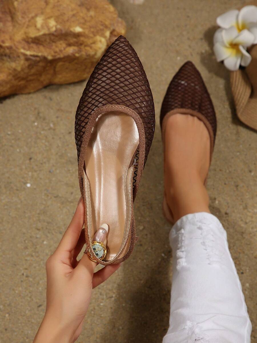 Lightweight Mesh Mule Shoes, Pointed Toe With Back Strap, Lace Mesh With Rhinestones, Elastic Band Design, Casual Loafers, Elegant Minimalist Commuter Hollow Flat Shoes - Coffee Brown - View 1