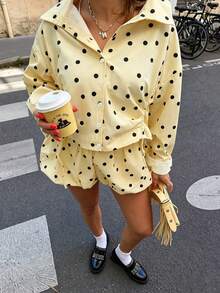 Autumn/Winter Polka Dot Stand Collar Drawstring Loose Jacket, Urban Casual Style, Versatile Yellow Top For Dating And Travel - Multicolor - View 5