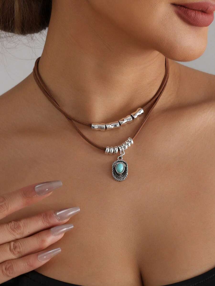 1 Set 2pcs Layered Hot-Selling Vintage Turquoise Necklace Korean Velvet Layered Dragonfly Alloy Hollow Water Drop Pendant Necklace - Multicolor - View 1