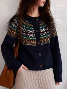 Women's Autumn/Winter Casual Minimalist Elegant Fair Isle Crew Neck Sweater Cardigan Fall - Navy Blue - View 1