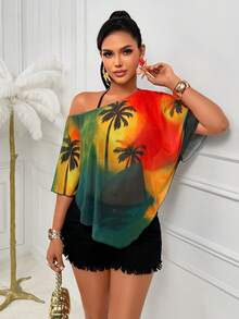 AIJ Women's Autumn Tropical Gradient Palm Tree Print Cold Shoulder Short Sleeve Loose Flowy Blouse, Suitable For Beach Vacation, Daily Casual Wear Summer - Gradient Orange-green - View 1