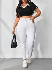 Plus Size White Slim Fit Jeans With Pockets, High Stretch Fabric, Suitable For Casual Autumn Wear - White - View 6