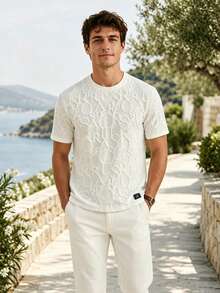 Men's 3D Letter Jacquard Crew Neck Short Sleeve T-Shirt - White - View 1
