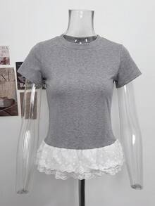 女款蕾絲拼接刺繡飾邊圓領短袖T恤，夏季百搭修身上衣 - 灰色 - 查看 7