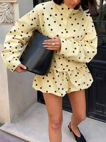 Autumn/Winter Polka Dot Stand Collar Drawstring Loose Jacket, Urban Casual Style, Versatile Yellow Top For Dating And Travel - Multicolor - View 9