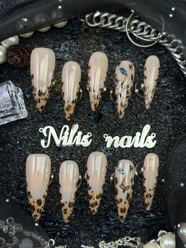 10pcs Handmade Fully Covered Stiletto Nails Press On Nails,Rose Gold,Nude Leopard French Tip,Gold Glitter False Nails,With Jelly Glue And Nail File,Suitable For Party,Dance,Daily,Wild Retro Y2K Cheetah Manicure Fashion Nail Accessories For Ladies
