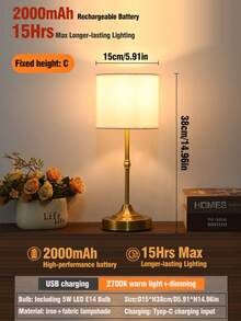 1pc Adjustable Height Fabric Lamp, USB Rechargeable Long-Lasting Battery, LED Touch Control Dimmable Desk Lamp, Portable For Indoor/Outdoor Use, Stylish Design For Bedroom, Living Room, Dining Room, Camping, Holiday Gift - Height-adjustable Fabric Table Lamp - View 22