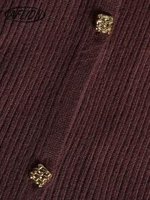 Women Fall Coffee Brown Ribbed Knit Cardigan, Round Neck Keyhole Cutout Button Front Long Sleeve Slim Sweater For Daily Date Outfits - Brown - View 6