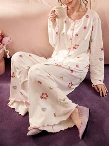 Gongdie Disney Women's Cute Cartoon Print Button-Up Top And Loose Wide Leg Frill Trim Pajama Pants Set - Beige - View 5