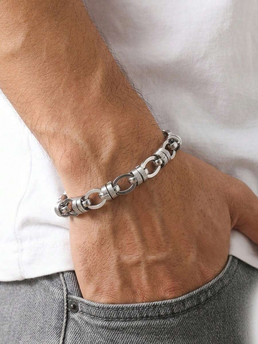1pc Hip-Hop Motorcycle Style Stainless Steel Jewelry Geometric Circle Wrapped Bead Spliced Bracelet Streetwear, Birthday Gift Men's Accessory - Silver - View 1