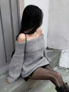 Open Shoulder Knit Sweater - Grey - View 5
