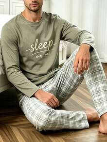 Men's 2 Pieces Pajama Set, Autumn/Winter Round Neck Simple Letter Print Top & Plaid Long Pants Loungewear - Multicolor - View 1